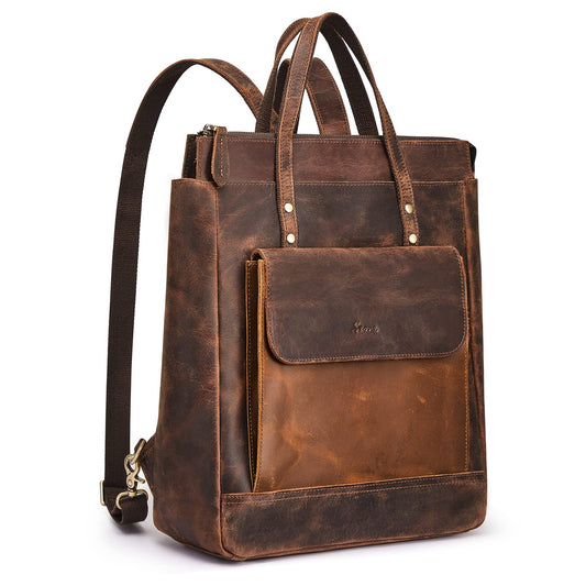 S-ZONE Genuine Leather Backpack Purse for Women Men Vintage Rucksack Handbag Travel Daypack