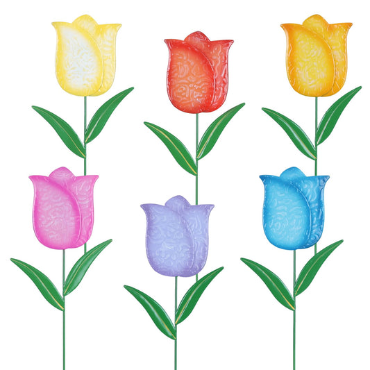 hogardeck Garden Decor for Outside, Set of 6 Metal Tulip Flowers Decorative Garden Stakes for Yard Decor, Outdoor Decorations Yard Art for Lawn Front Porch Pathway Patio (Multi-Color)