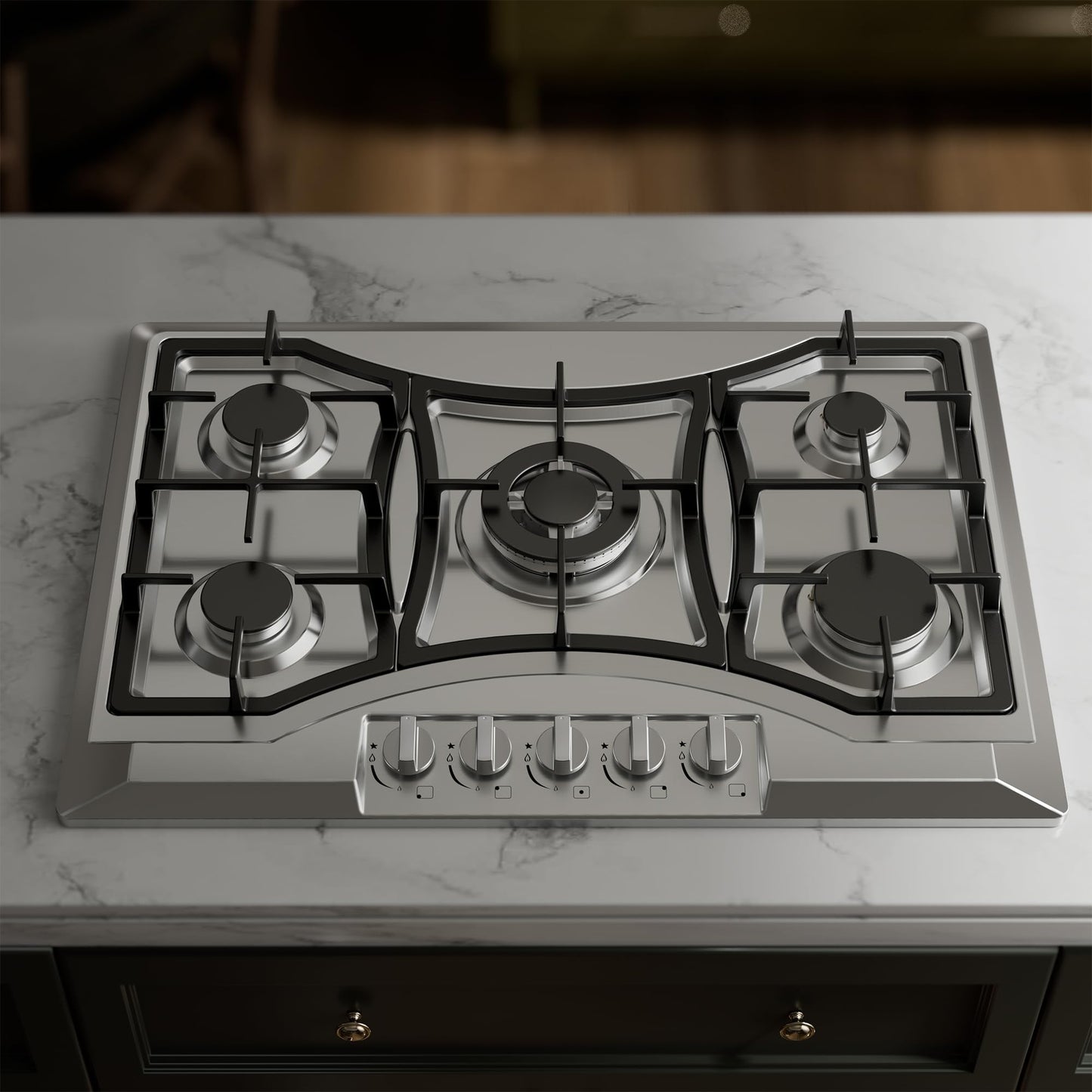 30 inch Drop-in Gas Cooktop with 5 Sealed Burners, Stainless Steel Stovetop, Dishwasher Safe Cast Iron Grates, NG/LPG Convertible, 38K BTU