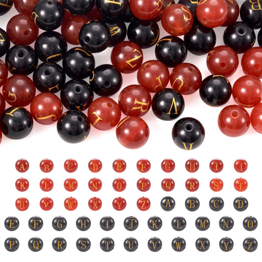 52Pcs 8mm Natural Agate Gemstone Letter Beads Red Black Agate Stone Beads Alphabet A~Z Natural Stone Bead Round Loose Gemstone Bead for DIY Earring Necklace Jewelry Making