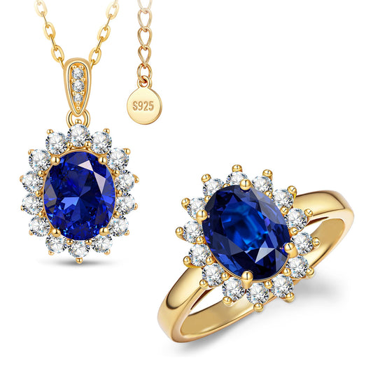 GONA 4CT Royal Blue Lab Grown Sapphire Jewelry Bundle (Necklace + Ring), Princess Diana Inspired Design, September Birthstone，GRC Certified, Hypoallergenic Eco‑Friendly，Ideal Mother’s Day & Annivers