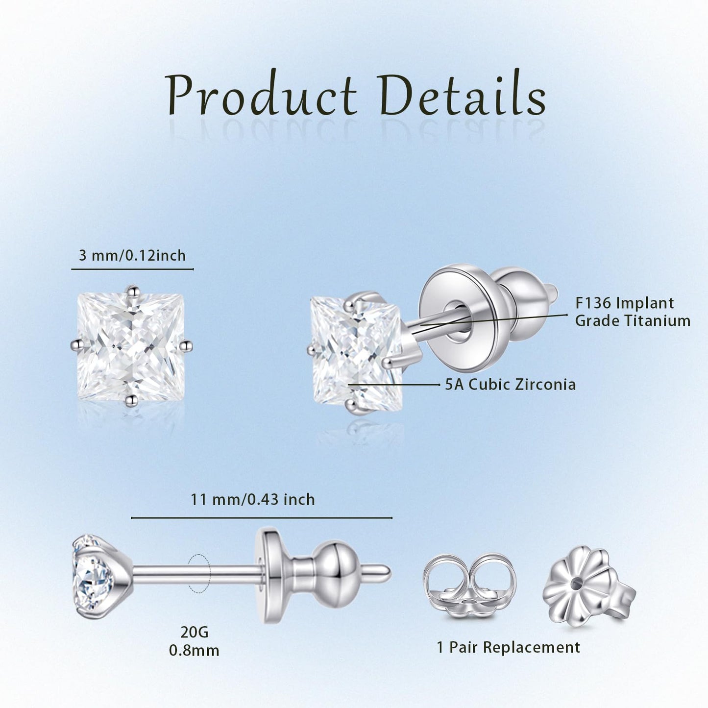 Limerencia G23 Pure Titanium Earrings F136 Implant Grade Titanium Studs 20G Hypoallergenic Round Cubic Zirconia/Princess-Cut/Square/Ball Earrings for Women Men Sensitive Ears(3mm Square CZ)