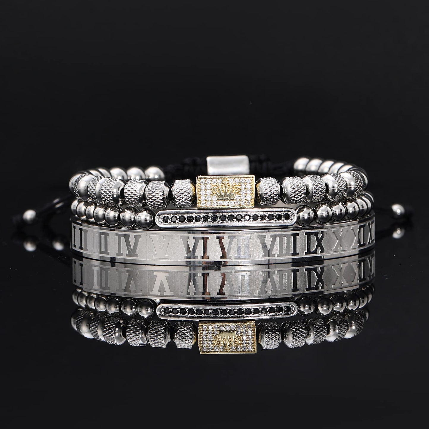 WFYOU 3PCS Stainless Steel Bracelets for Men Gold Roman Numeral Bangle Bracelet Twisted Cable Bracelet Adjustable Cuff Bracelet Mens Luxury Jewelry Bracelets Gifts(H:Gold&Silver)