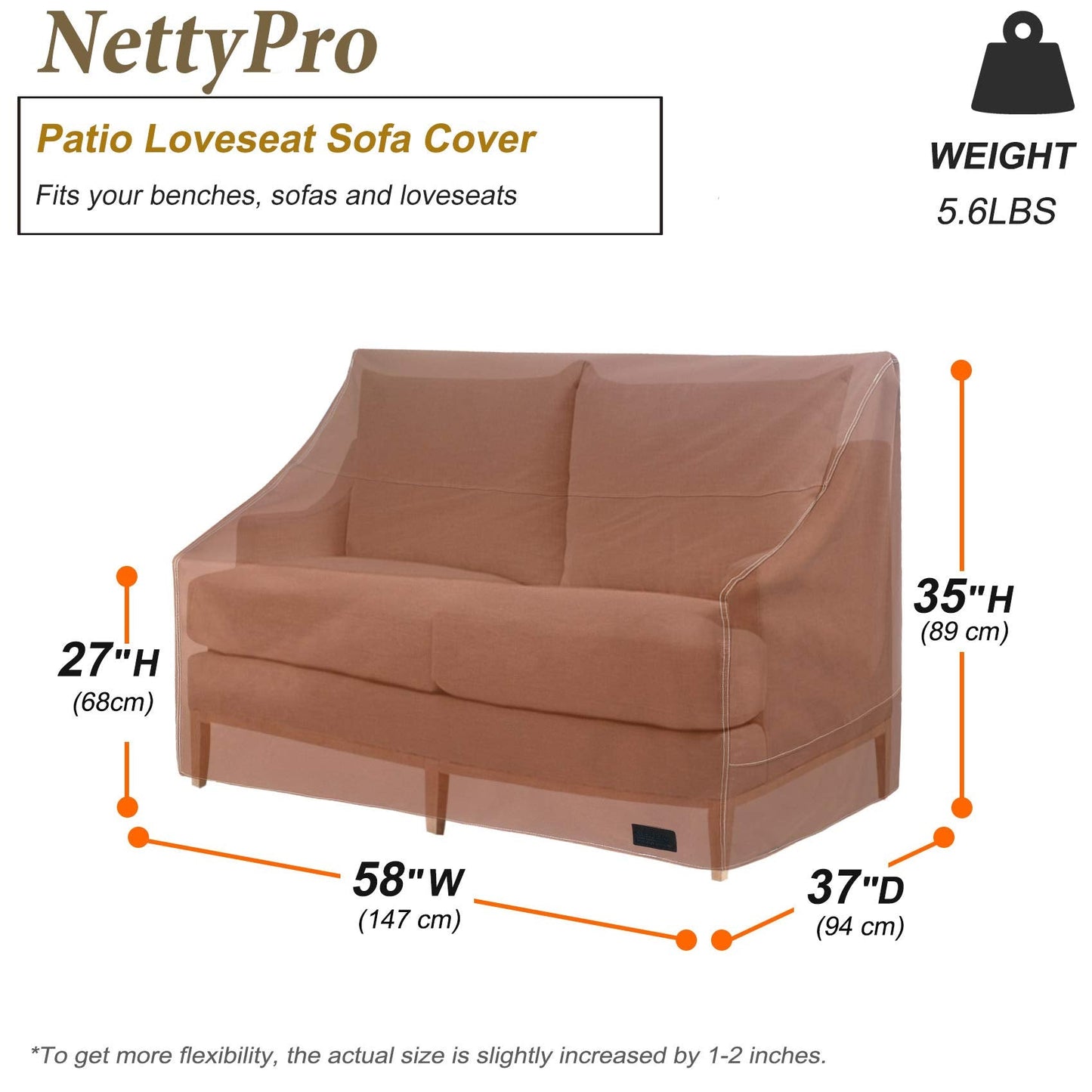 NettyPro Patio Loveseat Bench Cover 58 Inch, Waterproof 600D Heavy Duty Outdoor Furniture 2 Seater Sofa Cover, Brown