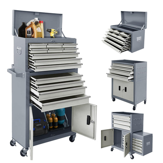 Sormols 13-Drawer Rolling Tool Chest with Double Doors, 2 in 1 Detachable Rolling Tool Chest with Drawers, Mobile Tool Cabinet Combo, Metal Large Lockable Tool Box for Garage Workshop (Gray)