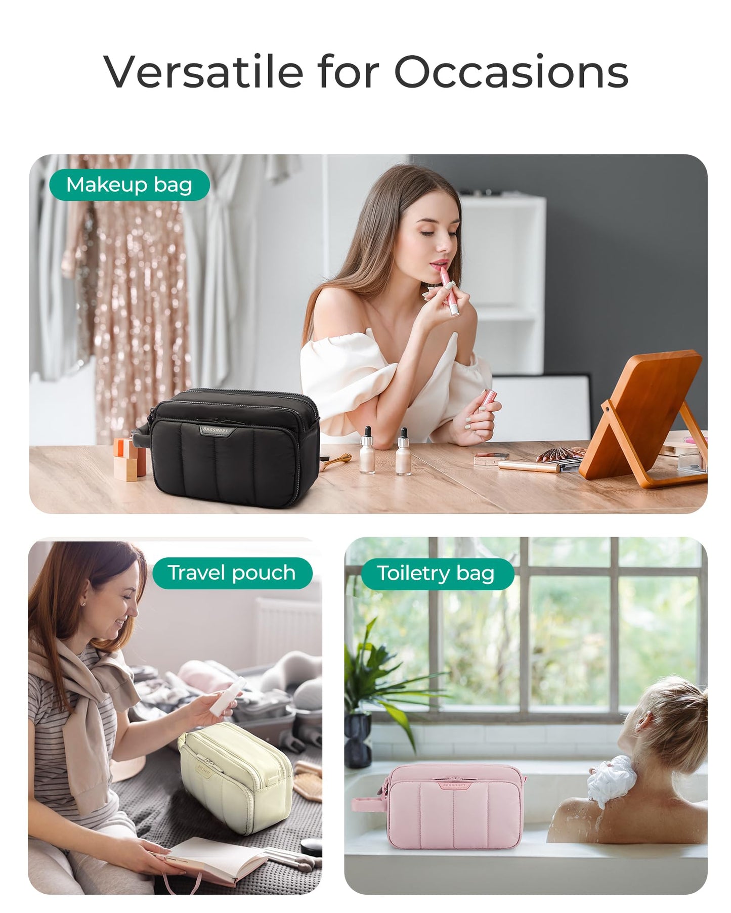 BAGSMART Travel Toiletry Bag for Women, Wide-open Makeup Bag Organizer, Puffy Make Up Case, Large Capacity Cosmetic Organizer for Women for Travel Essentials Toiletries Accessories (Nude Pink)