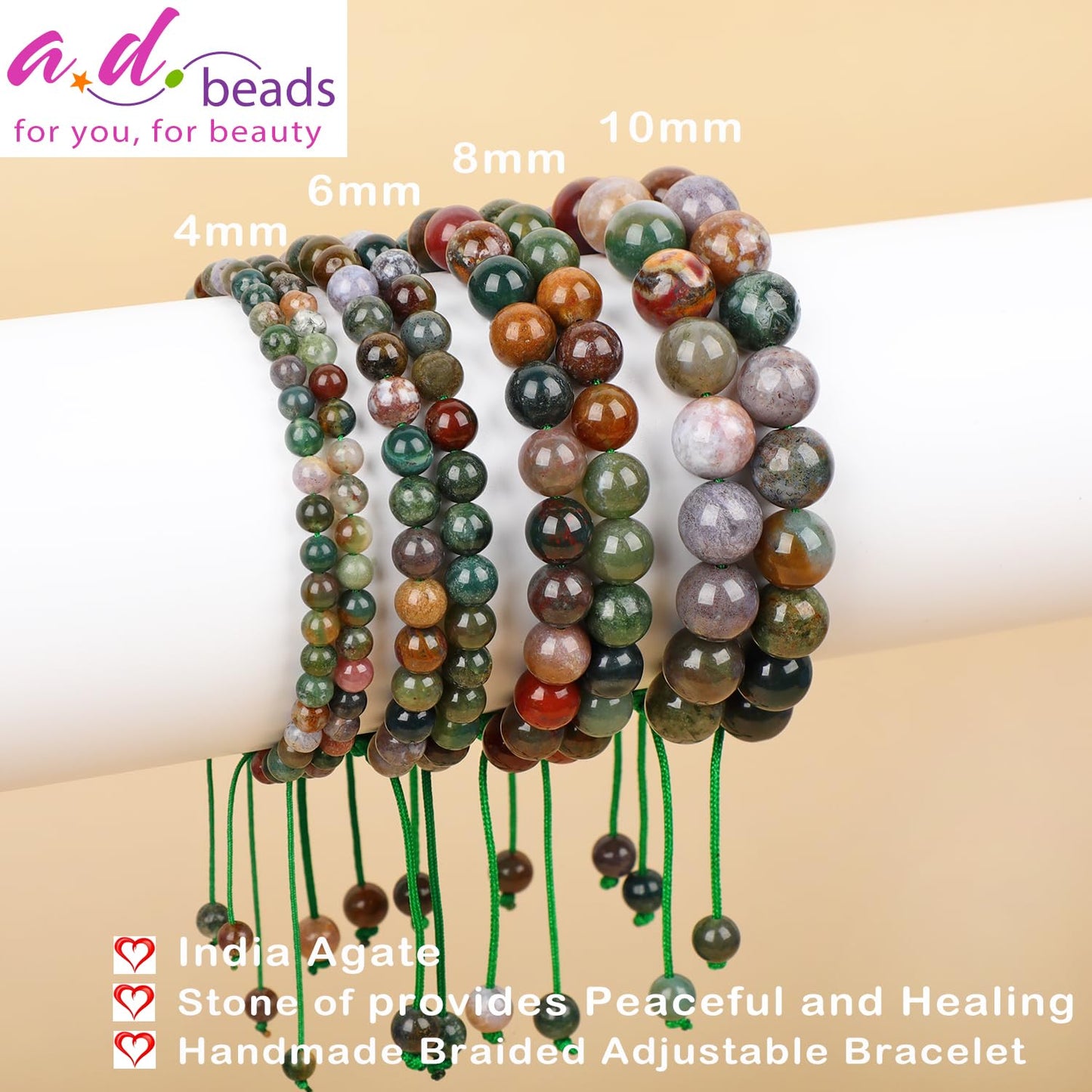 AD Beads 4mm India Agate - Peaceful - Handmade Natural Stone Crystal Bracelet with Adjustable Macrame String - Yoga Healing Power Energy Gifts for Men and Women
