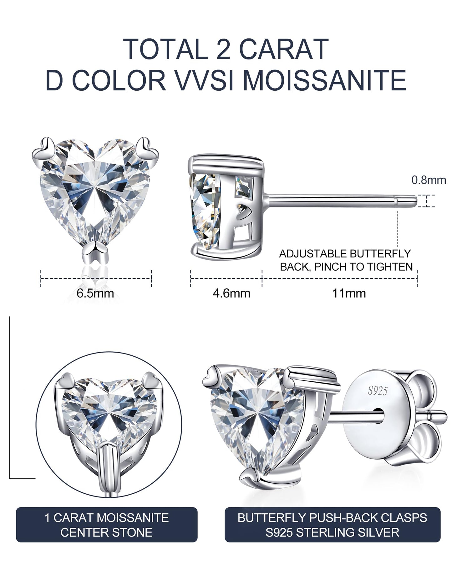 N9NEMUSES Moissanite Stud Earrings, 1 Carat Heart Cut D Color VVS1 Clarity Lab Created Moissanite Earrings Studs 18K White Gold Plated 925 Sterling Silver Jewelry Gifts for Women Men