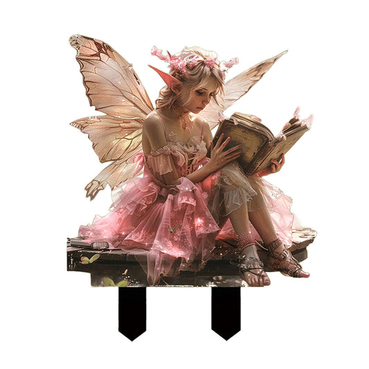 ANNUOZE Fairy Garden Stake Decor, 2D Flat Acrylic Fairy Garden Decor Panel, Elf Yard Sign for Outdoor Indoor Yard Lawn Plants Pots, Fairy Backyard Accessories (Pink Fairy Reading a Book)