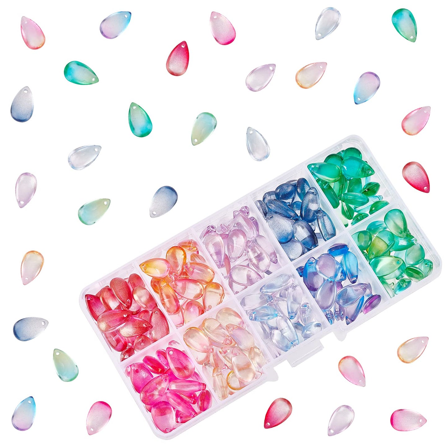 PH PandaHall Teardrop Crystal Beads, 200pcs 10 Color Water Drop Crystal Glass Beads Transparent Loose Beads Colorful Charms Pendants for DIY Crafts Earring Jewelry Making Costume Embellishments