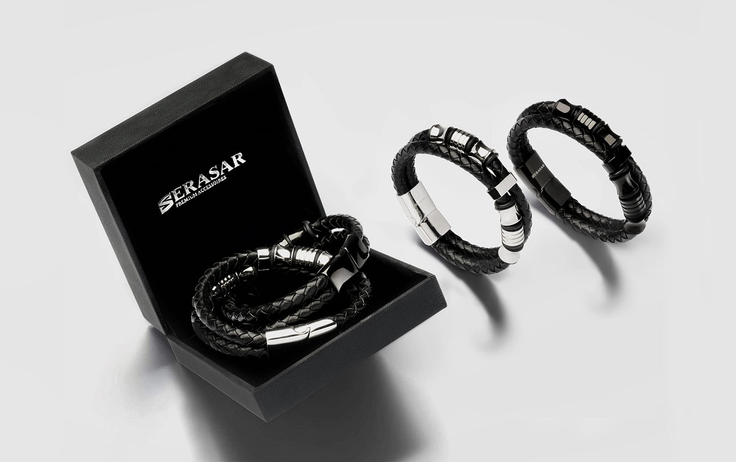 SERASAR 9″ Black Leather Bracelets for Men Mens Cowhide Gift Box Braided Bracelet Stainless Steel Jewelry Wrist Band Cuff Wrap Rope Bangle Dad Man Pulseras para Hombres Cuero Regalo