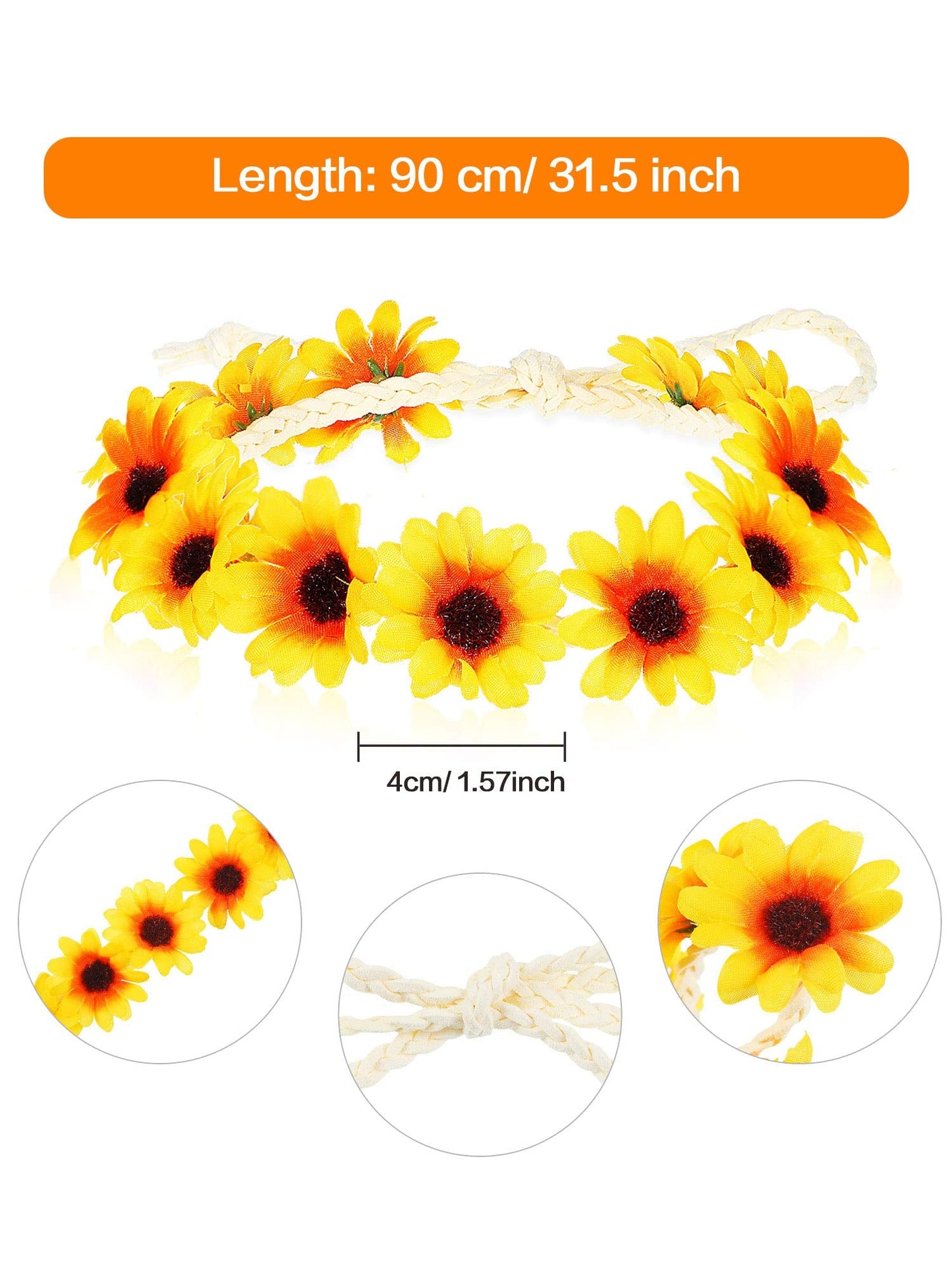 WILLBOND 8 Pcs Sunflower Headbands for Women Crown Daisy Flower Hair Wreath Adjustable Floral Bridal Bands Headpiece for Hippie Party Wedding Festivals Photo Props Decoration(White, Yellow)