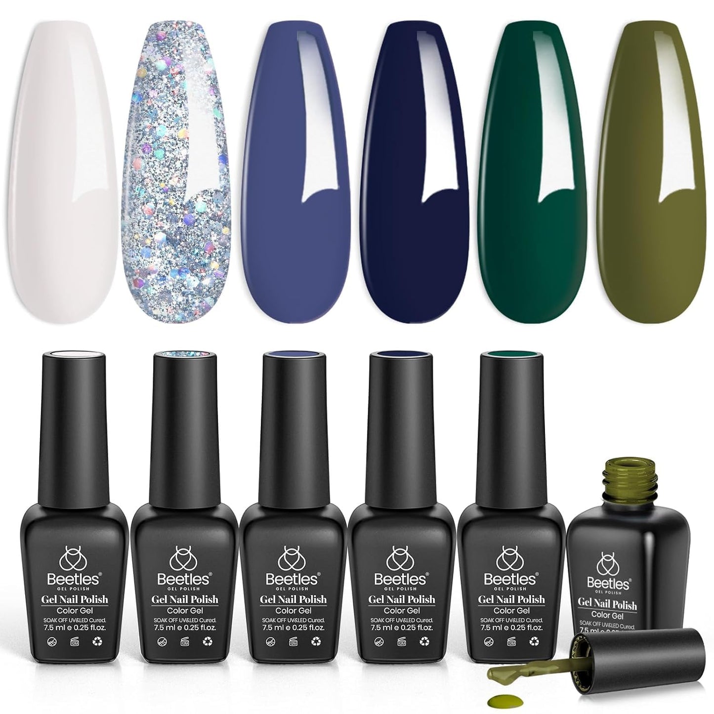 Beetles Gel Nail Polish Set 6 Colors White Black Glitter Green Blue Gel Polish Set Soak Off Uv LED Nail Lamp Gel Nail Manicure for Women