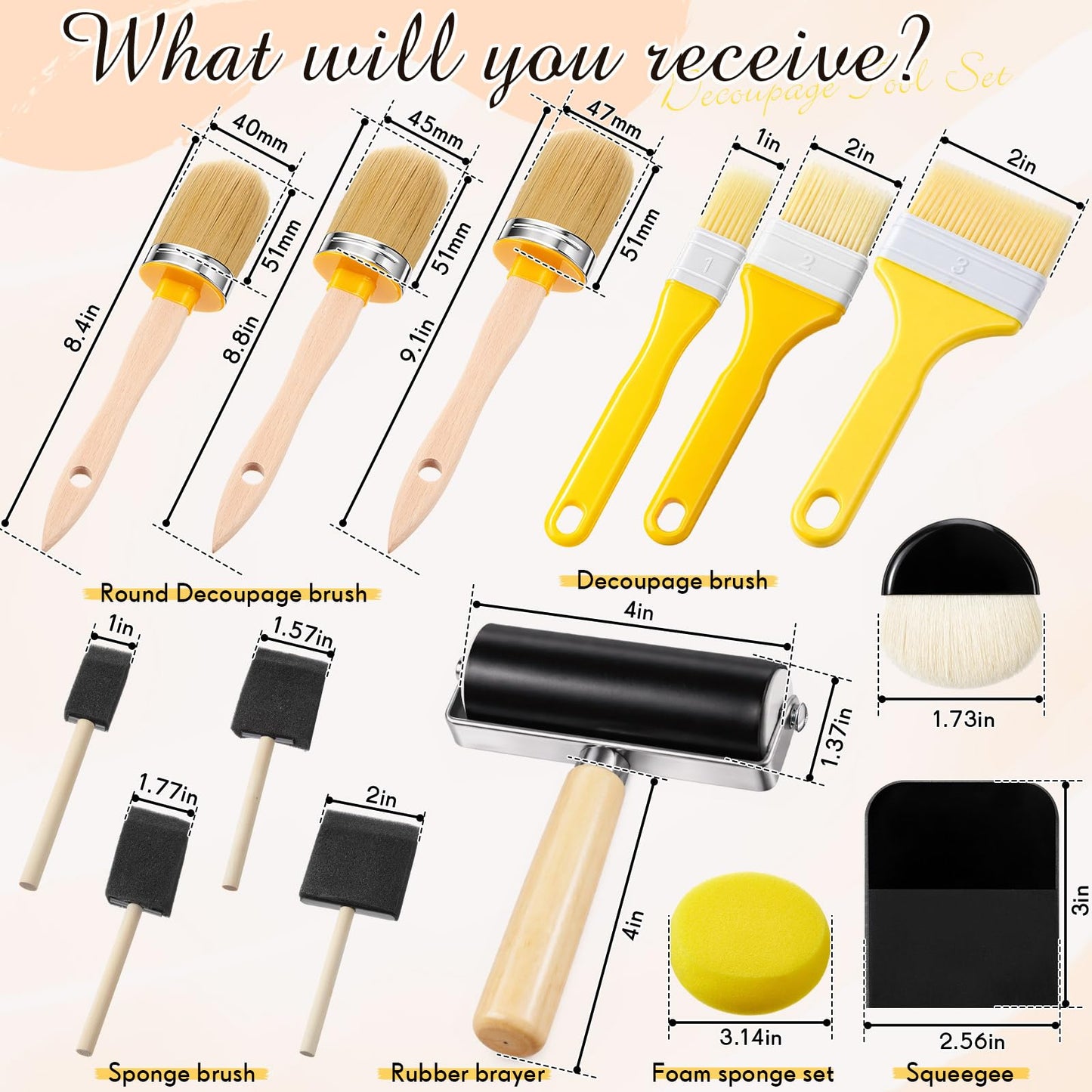 Crtiin Detailing Brush Set & Decoupage Tool Kit for Furniture, Professional Chalk Paint Brushes for Refinishing, Waxing, Staining, Cleaning, Arts & Crafts Supplies (Set of 16)