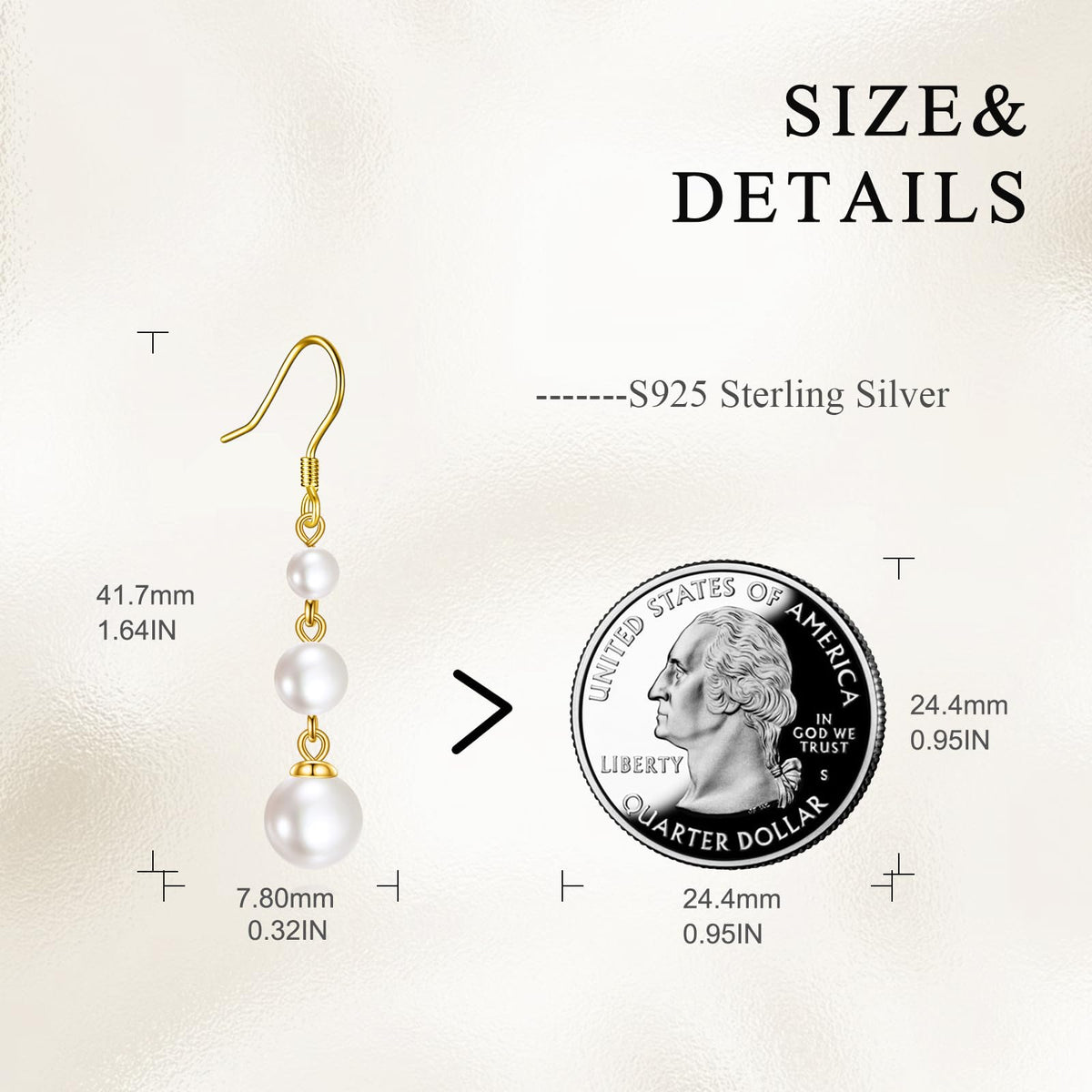 925 Sterling Silver Pearl Dangle Earrings Three Pearls Drop Jewelry Birthday Gifts for Women (Pearl-Gold)