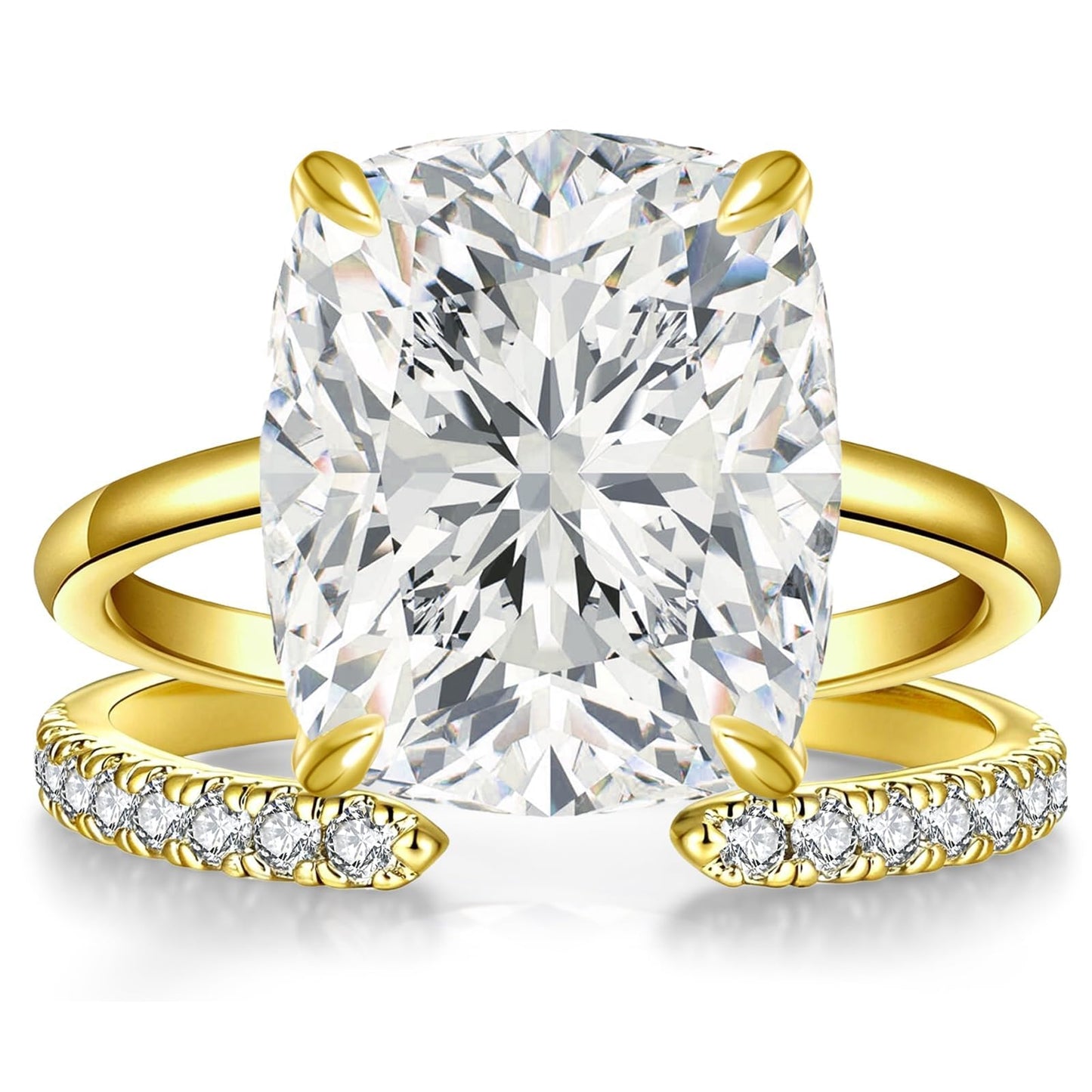 AVECON 3CT Elongated Cushion Cut Engagement Ring Set for Women, Wedding Promise Cubic Zirconia Band, 14K Gold Plated Stackable Adjustable Bridal Half Eternity Open Rings, Size 6