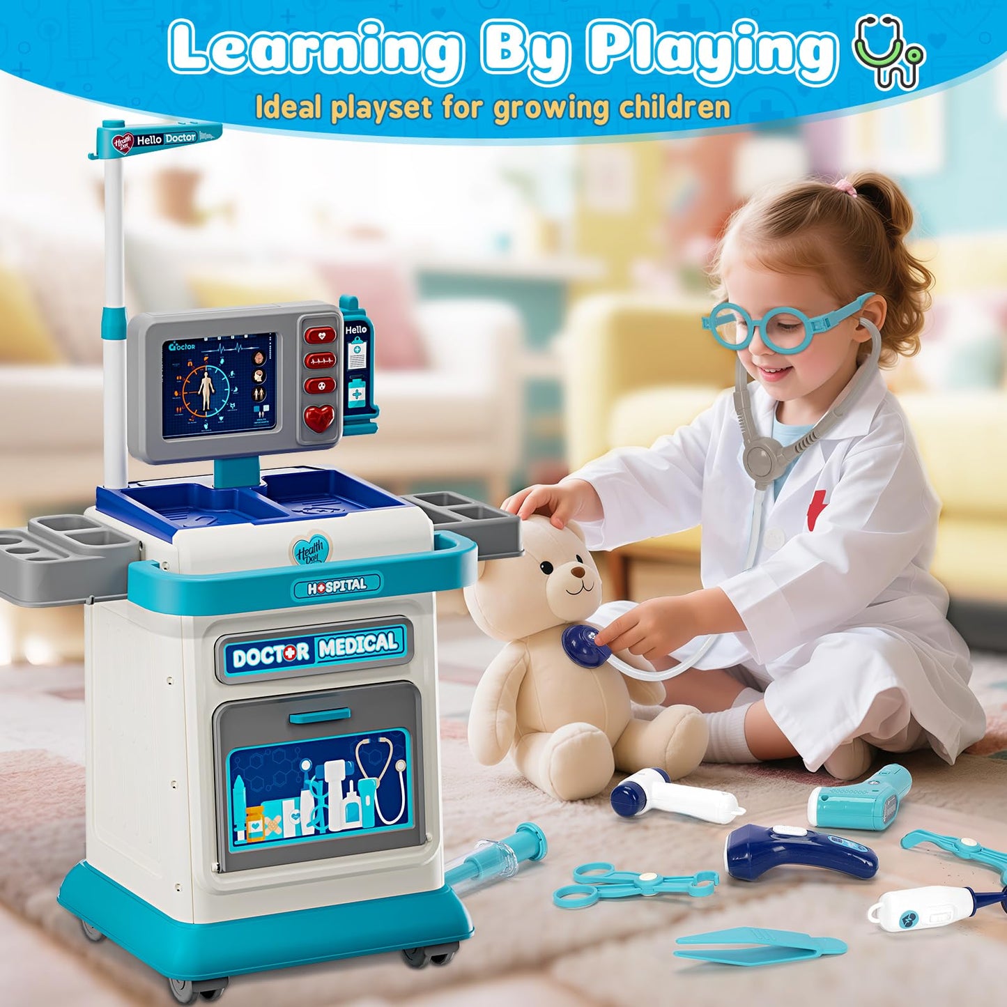 Doctor Kit for Toddlers 3-5, Pretend Doctors Play Set with Cart, Costume and Stethoscope for Kids Aged 3 4 5, Role Play Medical Toys for Girls Boys, Christmas Birthday Educational Gift for Toddler