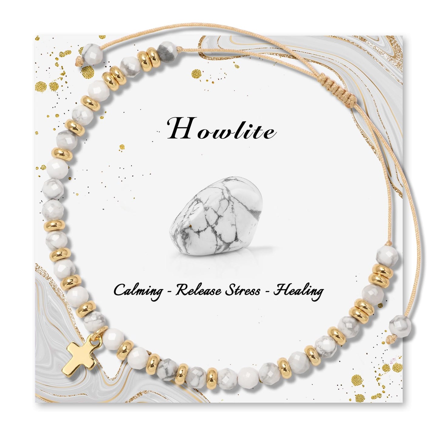 Raicegs Braided Howlite Cross Crystal Bracelet Natural Stone Beaded Bracelet for Women Faith Jewelry Healing Bracelet Christian Gifts for Women Religious Gifts