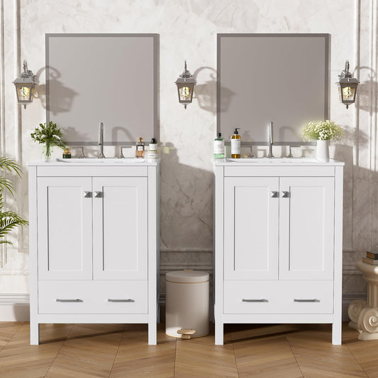 Favfurish 48" Bathroom Vanity with Ceramic Double Sink, Undermount Double Basin Vanity Set w/2 Divided Drawers and 4 Double-Layer Soft Close Doors & Built-in Shelf, Freestanding Storage Cabinet,White