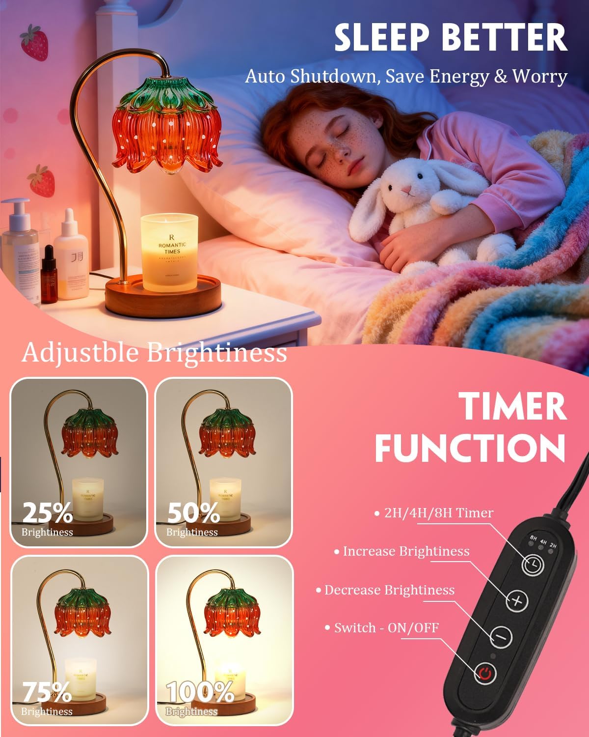 Funistree Strawberry Candle Warmer Lamp, Cute Candle Lamp with Timer & Dimmable, Mothers Day Birthday Gifts for Women Mom, House Warming Gift New Home, Wax Melt Warmer for Yankee Village Candles