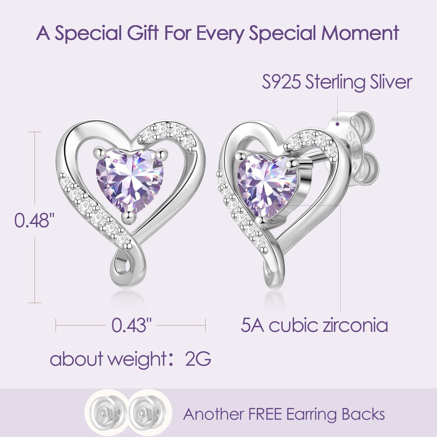 Zifeel Earrings for Women, 925 Sterling Silver Birthstone Heart Studs Earring for Girlfriend Wife, Anniversary Birthday Christmas Valentines Mother’s Day Gifts Jewelry for Women Wife Her Mom