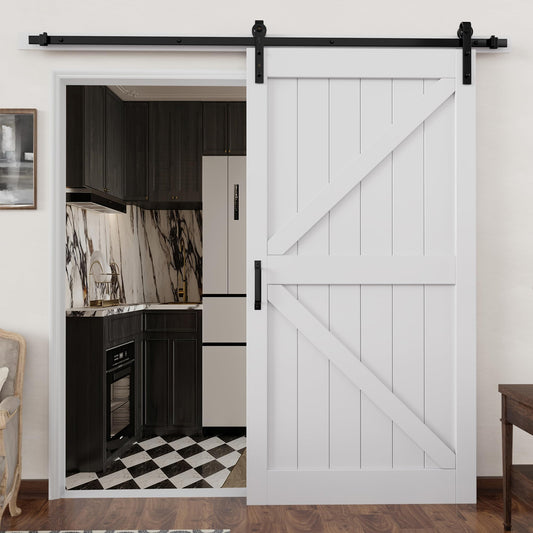 JUJUBON 42in x 84in Sliding Barn Door with 7FT Barn Doors Hardware Track Kit Included, Heavy Solid Water-Resistant Anti-Scratch MDF Wood Barn Door, Simple DIY Assembly, Easy to Install, K-Frame, White