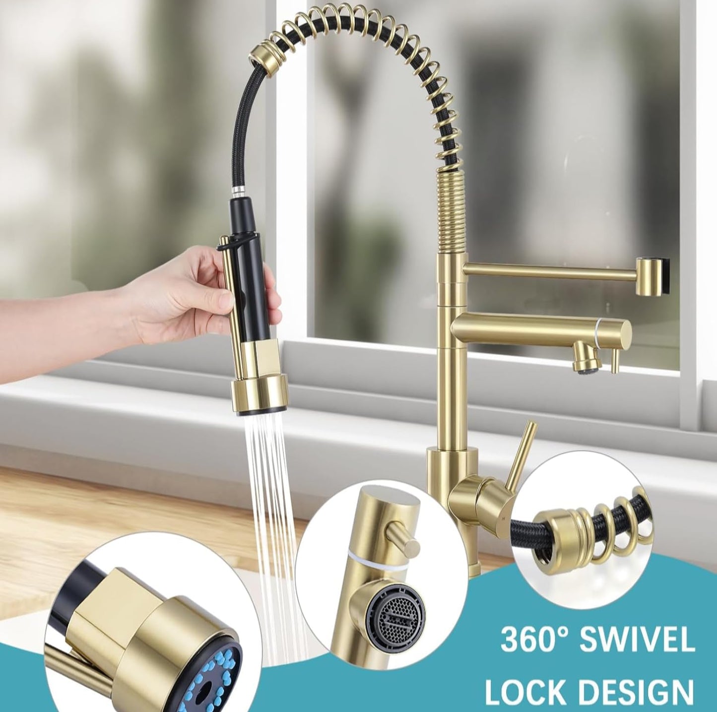 VIDEC Smart Kitchen Faucet, 3 Modes Pull Down Sprayer, LED Temperature Control, Ceramic Valve,360-Degree Rotation,1 or 3 Hole Deck Plate, Double Spout. 10-Year Warranty.(Brushed Gold, KW-21CG)
