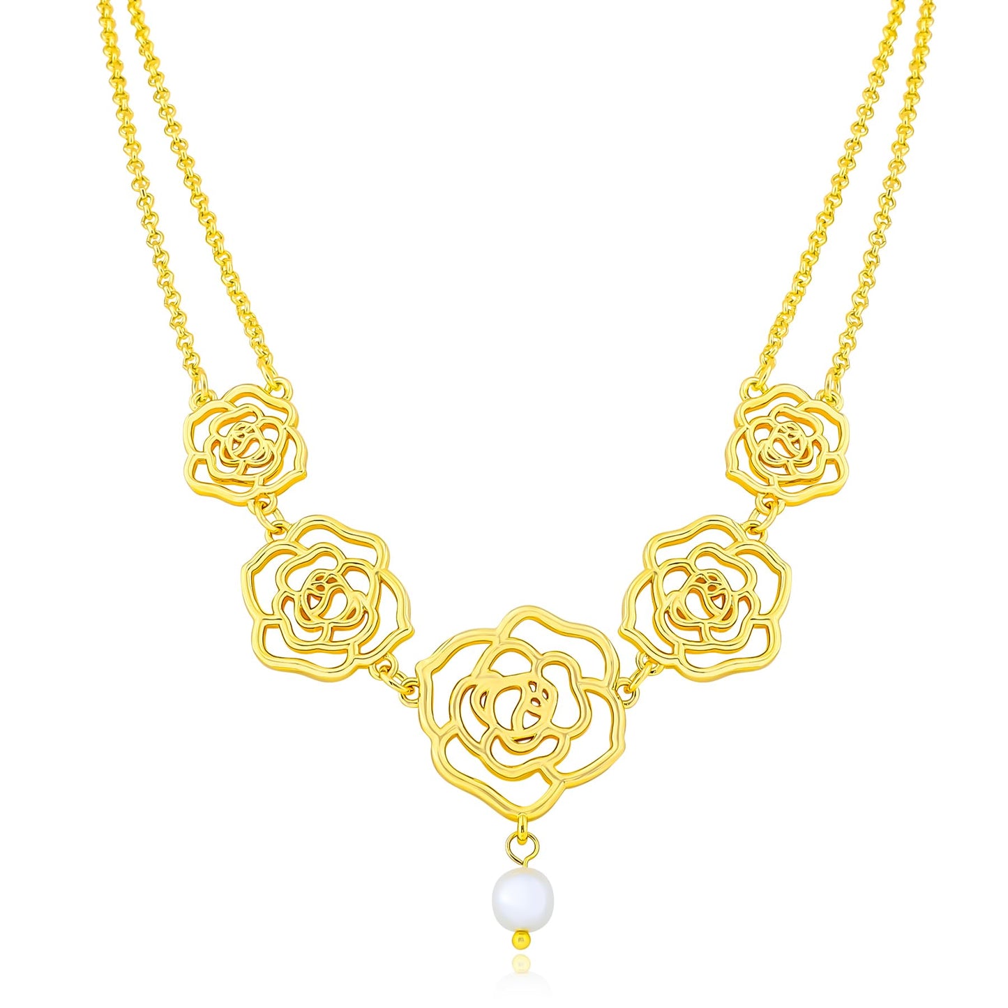 Rose Charm Necklace for Women, Romantic Double Chain Necklace with Hollow Rose Design and Glass Pearl Pendant, Elegant Gifts for Weddings, Dates, and Special Occasions