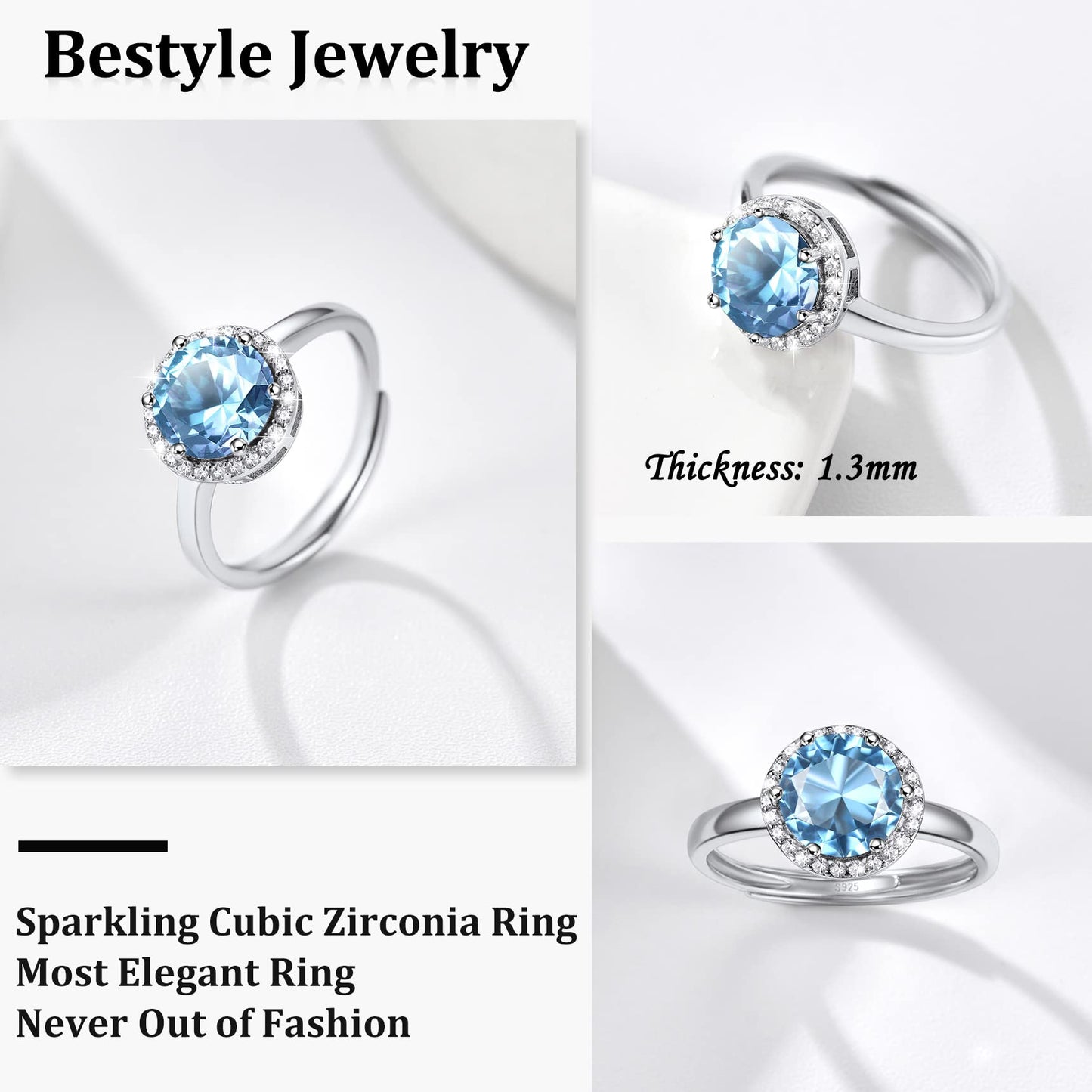 Bestyle 925 Sterling Silver Love Round Cubic Zirconia Rings March Aquamarine Crystal Gemstone Rings for Women, Hypoallergenic Adjustable Rings for Every Finger