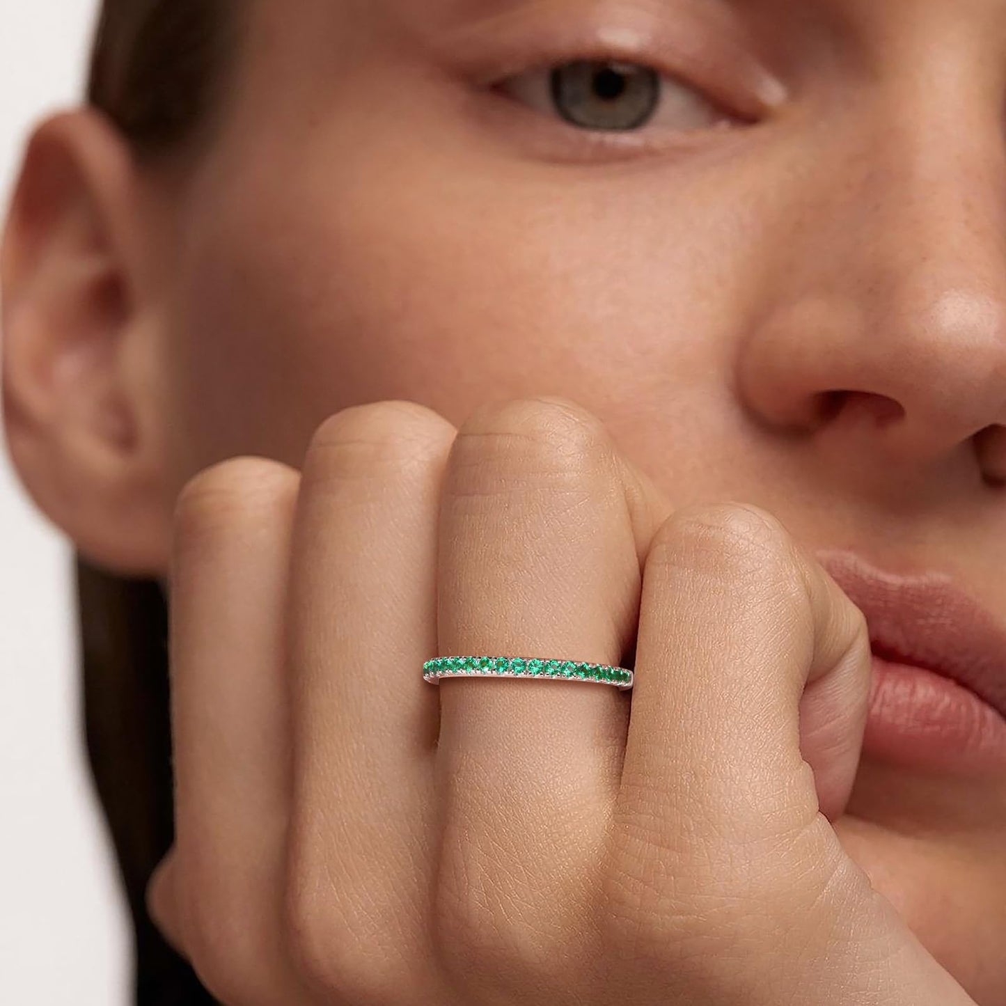 AGRULE Emerald Eternity Band Silver Wedding Rings Men Women Sterling Silver Created May Birthstone Rings 0.3 Carat Green Stone Stackable Cocktail Ring Size 10