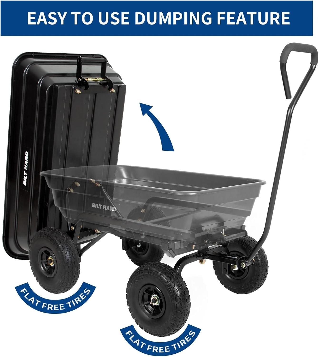 BILT HARD 4 Cu.Ft. 10" No-Flat Tires Poly Yard Dump Cart with 180° Rotating Handle, 600 lbs Capacity Heavy Duty Garden Carts and Wagons