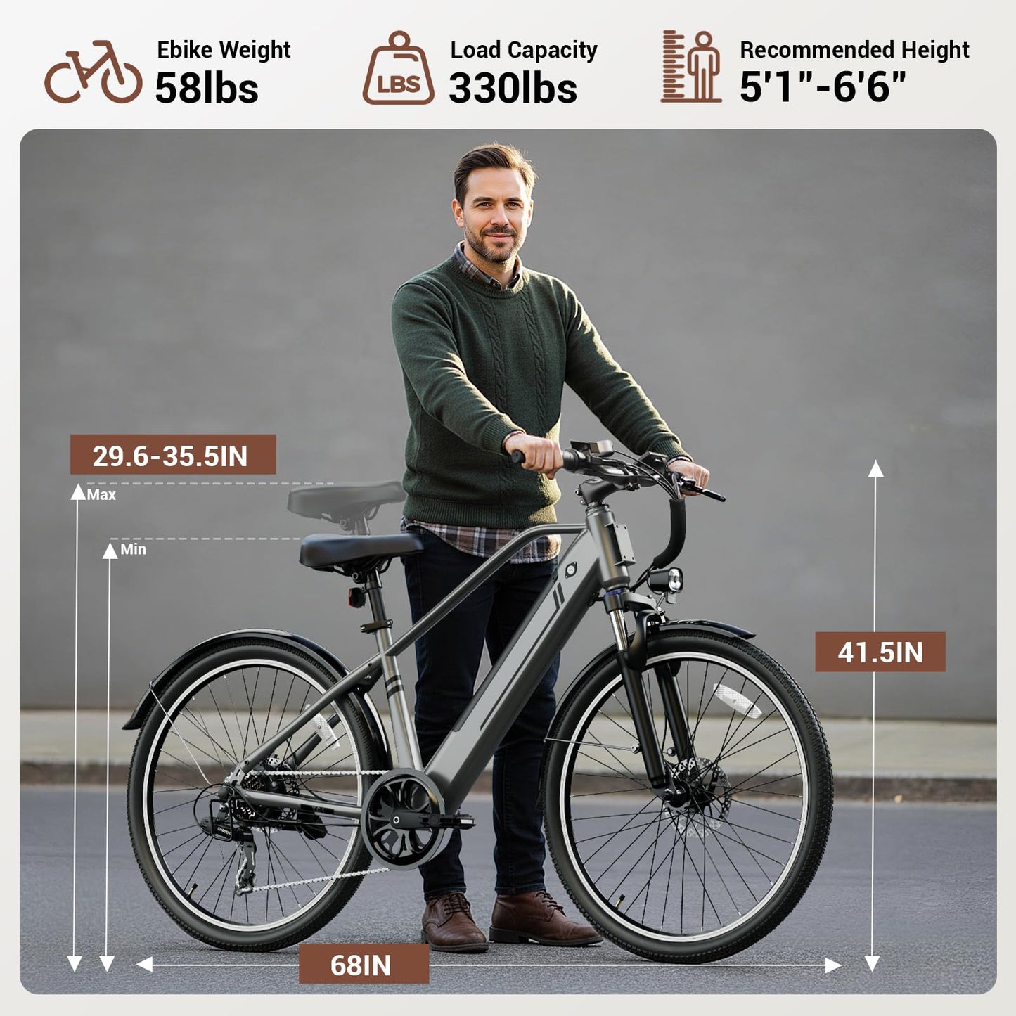 Electric Bike for Adults, Ebike 1000W Peak Motor, 25MPH Commuter Ebike, Up to 40 Miles Range, 26" Electric Bicycle for Adults with 375WH Removable Battery, All-Terrain E-Bike for Leisure(Gray)