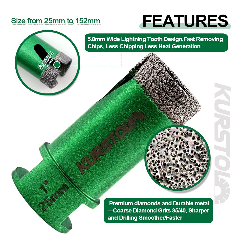 KURSTOL Diamond Core Drill Bits Kit - 11pcs 6/6/6/20/25/35/50mm+2" Beveling Chamfer Bit+3/4" Finger Milling Bit+Triangle Adapter to 5/8-11" Thread+4.5" Cutting disc for Porcelain Ceramic Tile Granite