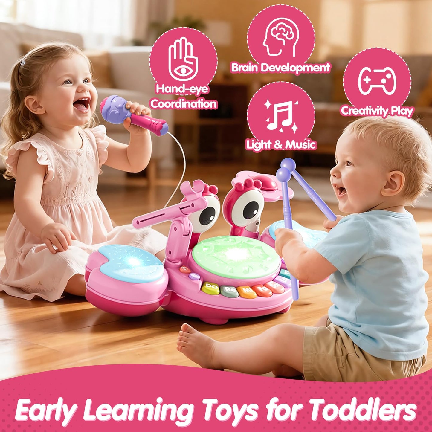 Toddler Drum Set for Kids 1-3, Baby Drum Set 1 Year Old with Light-Up Microphone, Musical Instruments Montessori Learning Toys for 6 9 12 18 Months, Birthday Gift for Boys Girls（Pink）