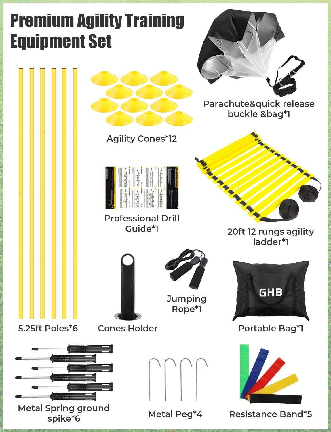 GHB Speed Agility Training Equipment, 6 Agility Poles, 20ft Agility Ladder, 12 Disc Cones, Resistance Parachute, Jump Rope, 4 Resistance Bands, Soccer Training Poles for Speed Agility Training