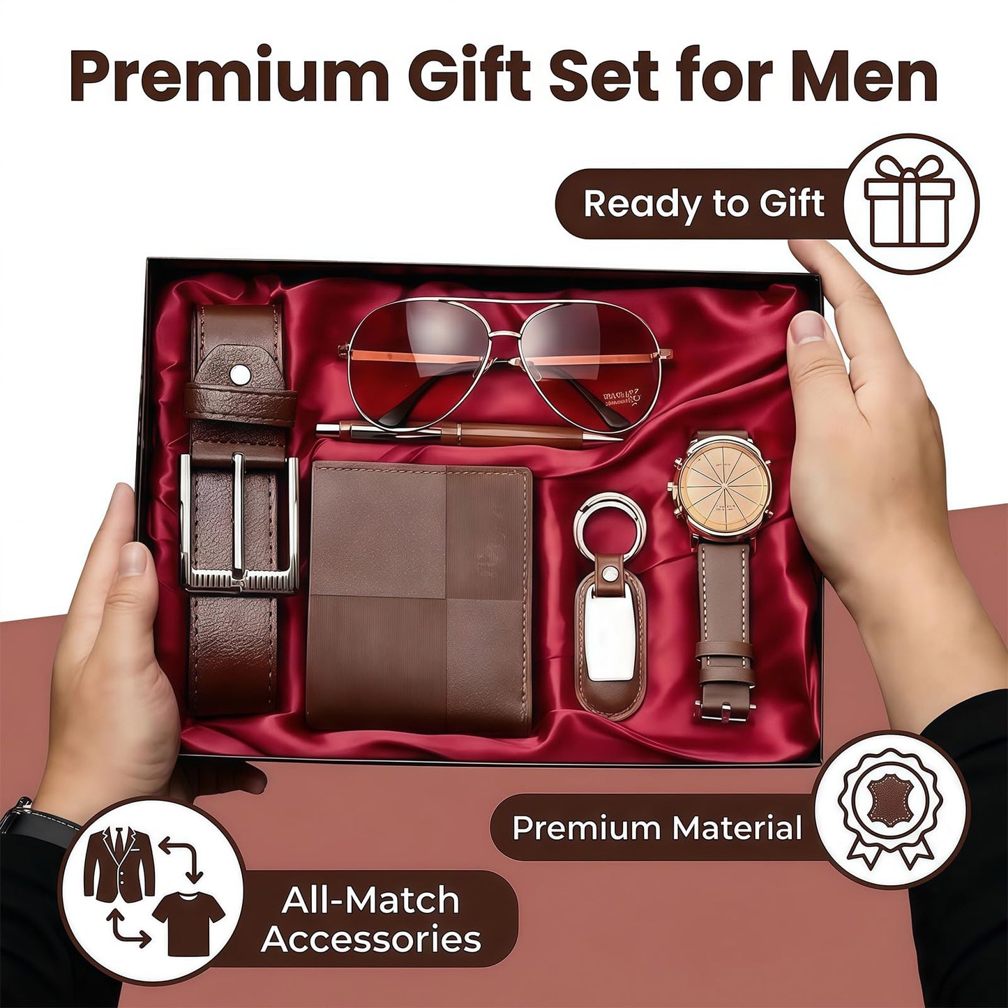 CXLZENGH Premium 6-Piece Men’s Gift Set — Belt, Wallet, Watch, Sunglasses, Keyring and Pen — A luxurious birthday/Christmas gift for dad, husband or boyfriendCoffee Brown