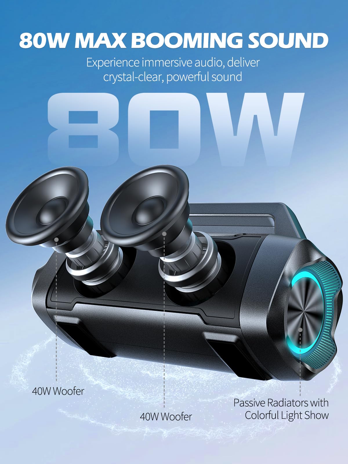 Xonera Speakers Bluetooth Wireless, 80W Peak Loud Outdoor Speaker with Bass, 20H Playtime, IPX6 Waterproof, TWS，BT5.3, Portable for Camping Hiking Boating Pool Beach(Black)