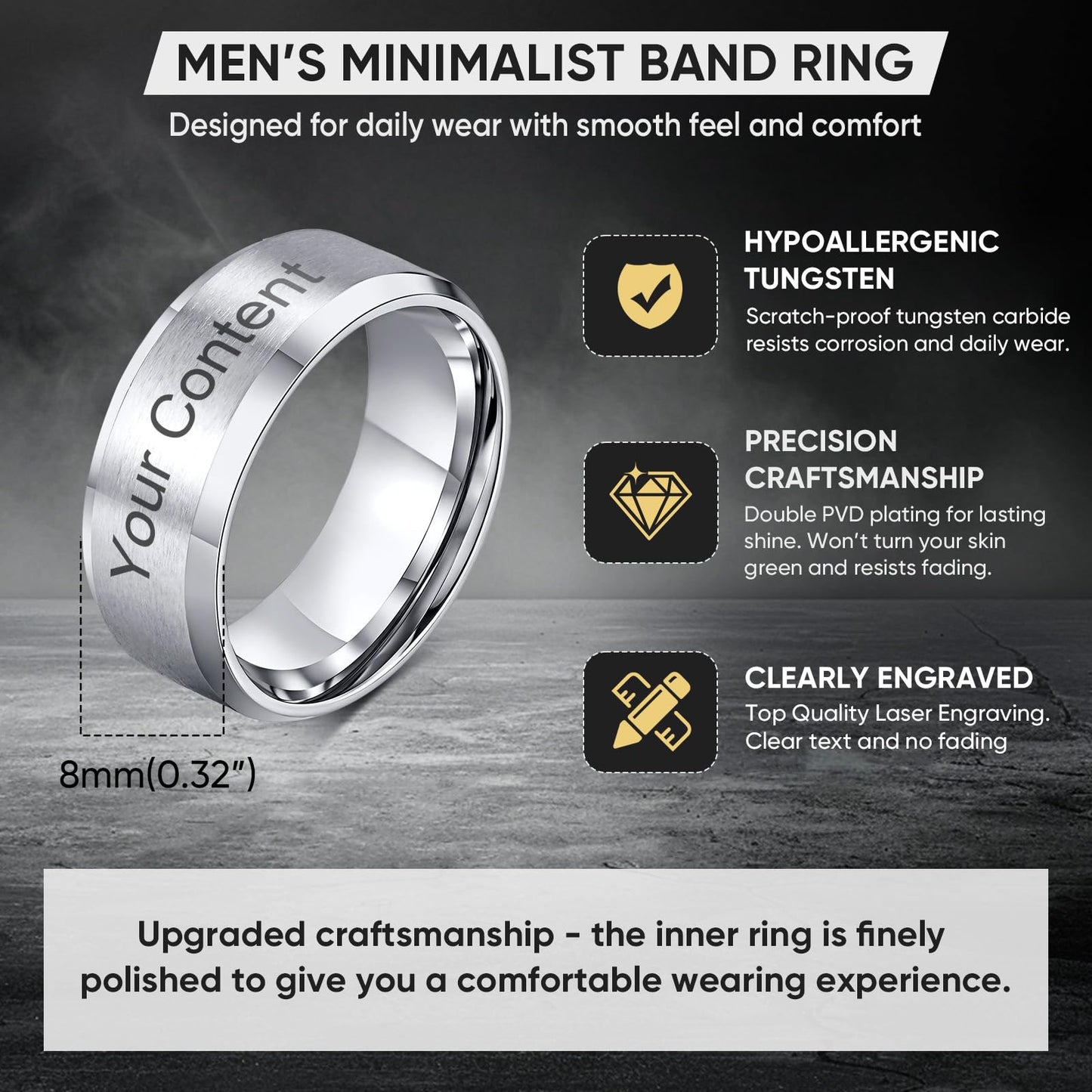VNOX Mens 8mm Brushed Matte Tungsten Carbide Classical Simple Plain Personalized Custom Name Date Wedding Band Wedding Engagement Ring,Silver,Size 10