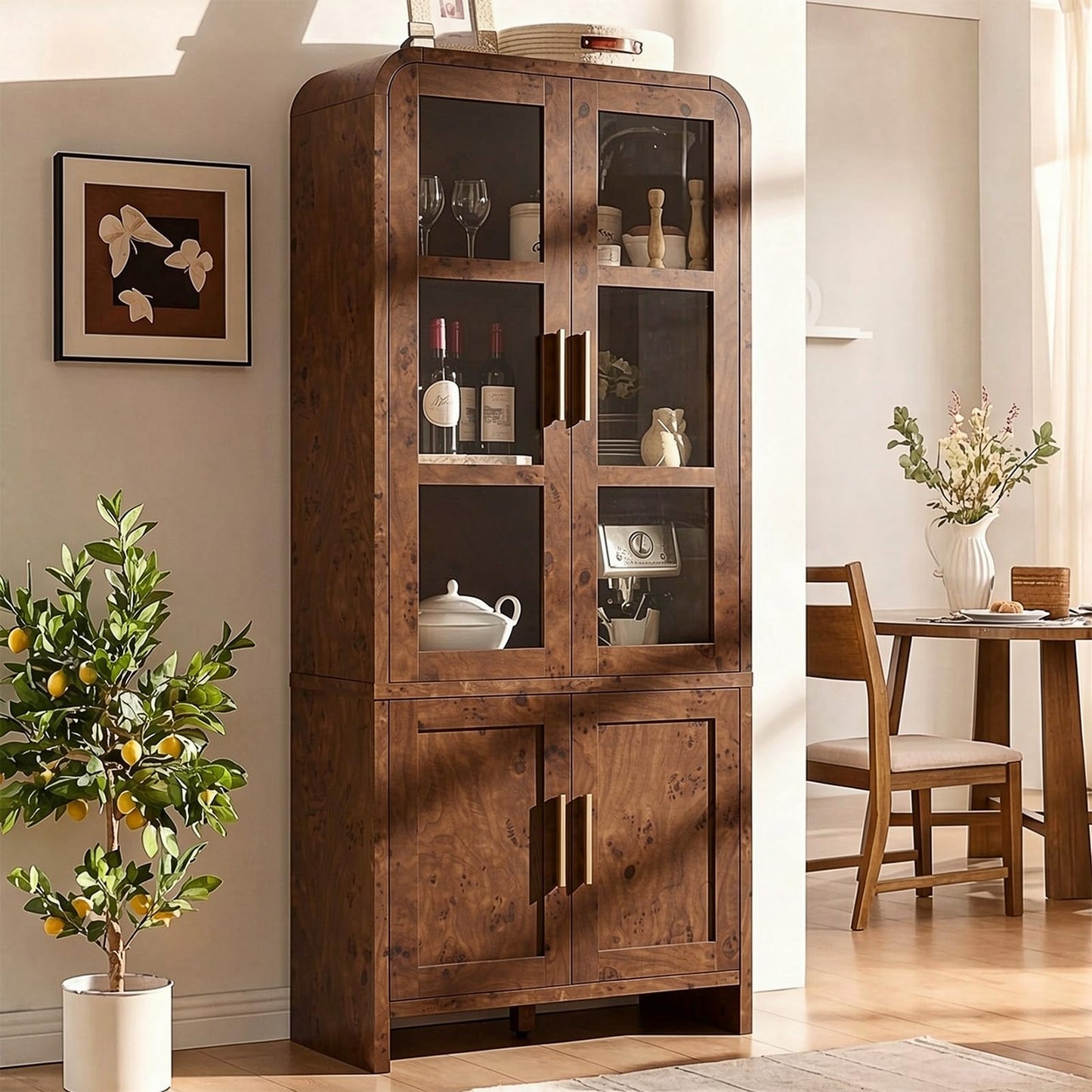 EliteSet 77" Tall Kitchen Pantry Cabinets, Wooden Curved Storage Cabinets with 2 Adjustable Shelves, 1.18'' Panel Freestanding Cupboard for Dining Room, Living Room, Bathroom, Dark Burl, 1Pcs