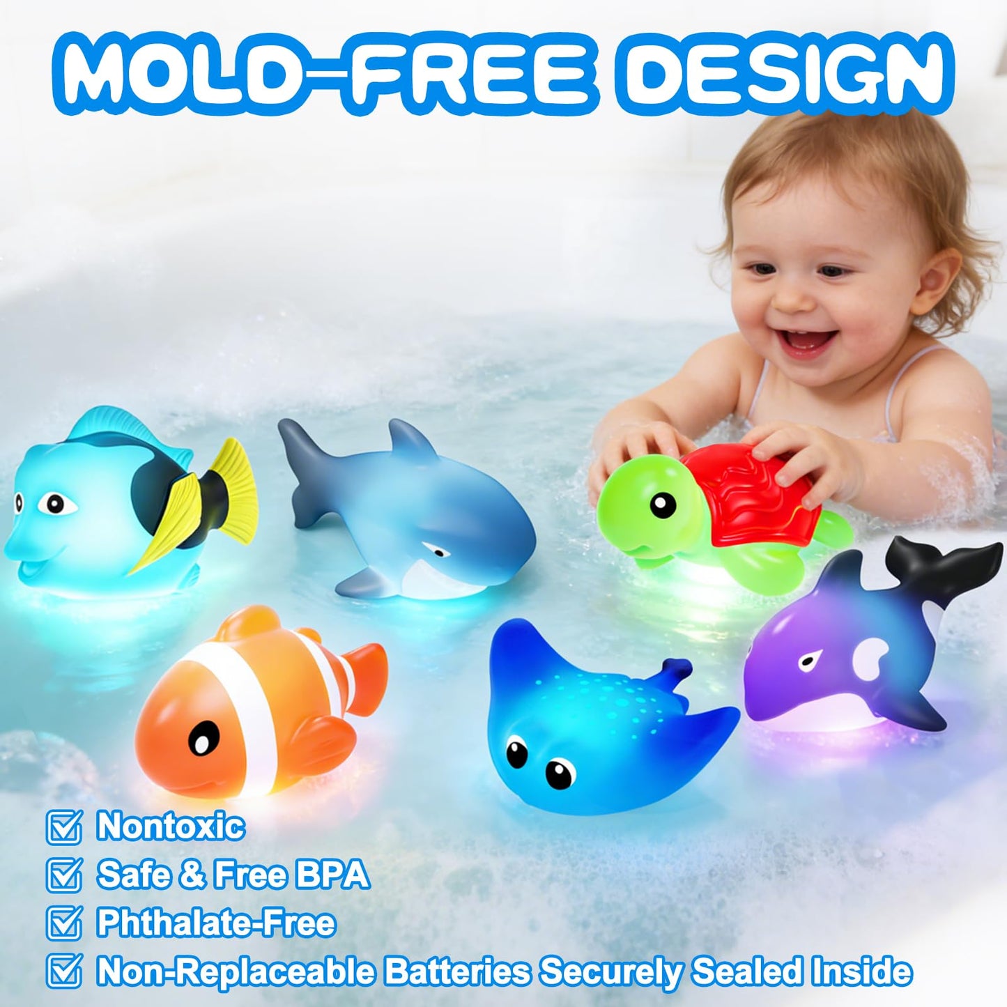 KODGEUSM Light Up Bath Toys,Mold Free No Hole Baby Bath Toys for Toddlers,Water-Activated Lights Flashes and Change Color Ocean Animal,Sensory Toys for Kids,Water Table,Bathtub,Shower,Pool