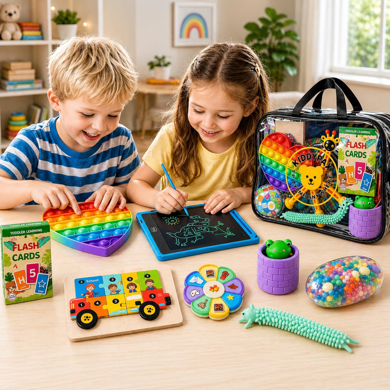 KIDDYPAX Kids Travel Activity Kit, 10-in-1 Montessori Busy Board, LCD Writing Tablet, Wooden Puzzle, Flash Cards & Sensory Fidget Toys, Screen-Free Travel Toys, Gift for Kids Ages 3–10