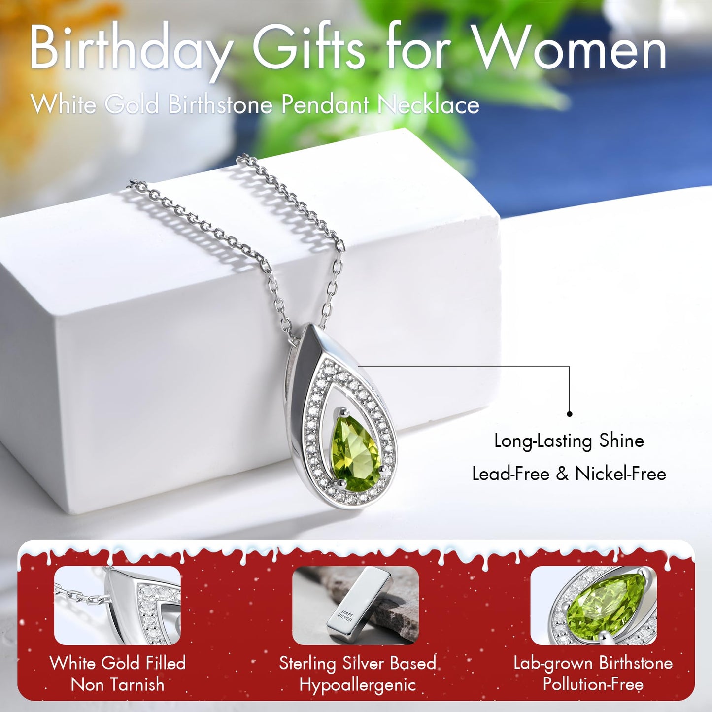 Kstyle 925 Sterling Silver Peridot August Birthstone Pendant Necklace Teardrop Jewelry Valentine's Day Anniversary Birthday Gift for Wife Girlfriend Daughter Sister Non Tarnish