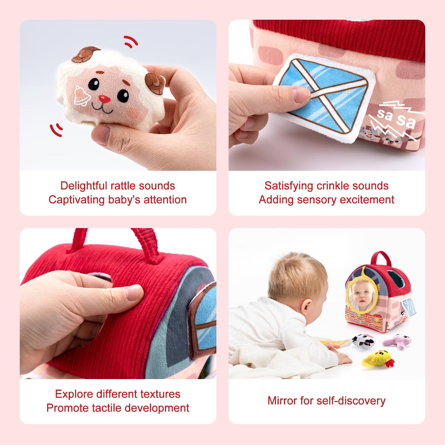 PADONISE Baby Toys 6-12 Months, Montessori Sensory Newborn Toys, Stuffed Farm Animals with Rattle, Mirror, Crinkle Paper, Gift for 6-12 12-18 Months 1-3 Year Old Toddlers Boys Halloween Girls