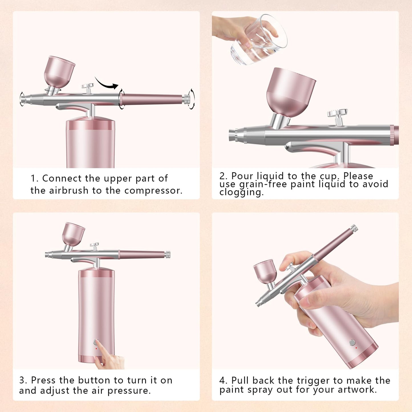 Airbrush Kit With Compressor 48PSI Rechargeable High Pressure Air Brush Set Cordless Airbrush Kit with 0.3mm Nozzle for Painting,Nail Art, Cake Decor,Makeup,Modeling (Pink)