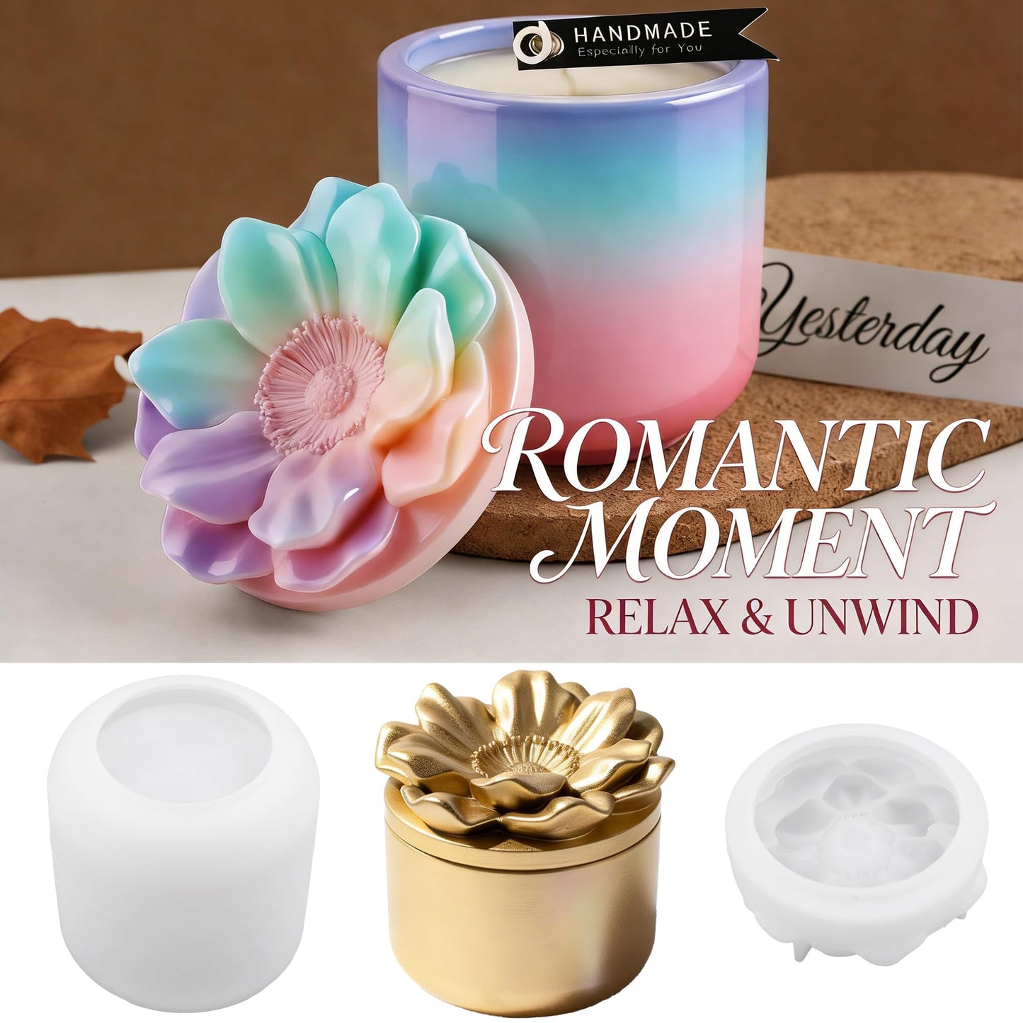 QUDYNZAL 1Pc Jar Epoxy Resin Casting Mold with Poppy Flower Lid Jewelry Storage Box Container Silicone Mold for DIY Plant Flowerpot Vase Candle Holder Concrete Art Craft Home Decor Polymer Clay