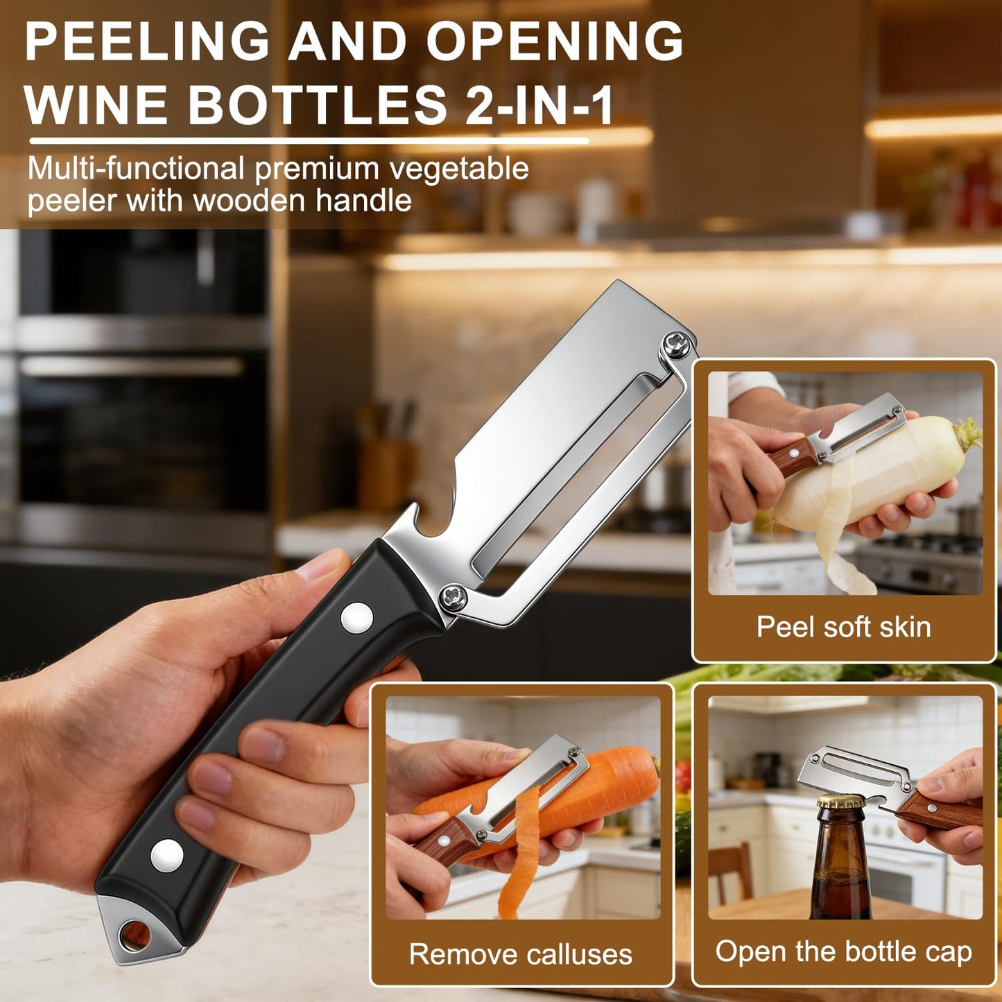 2Pcs Premium Vegetable Peeler with Wooden Handle and Bottle Opener,Multifunctional 3-in-1 Stainless Steel Kitchen Tool for various fruits and vegetables that require peeling（Black + Brown）