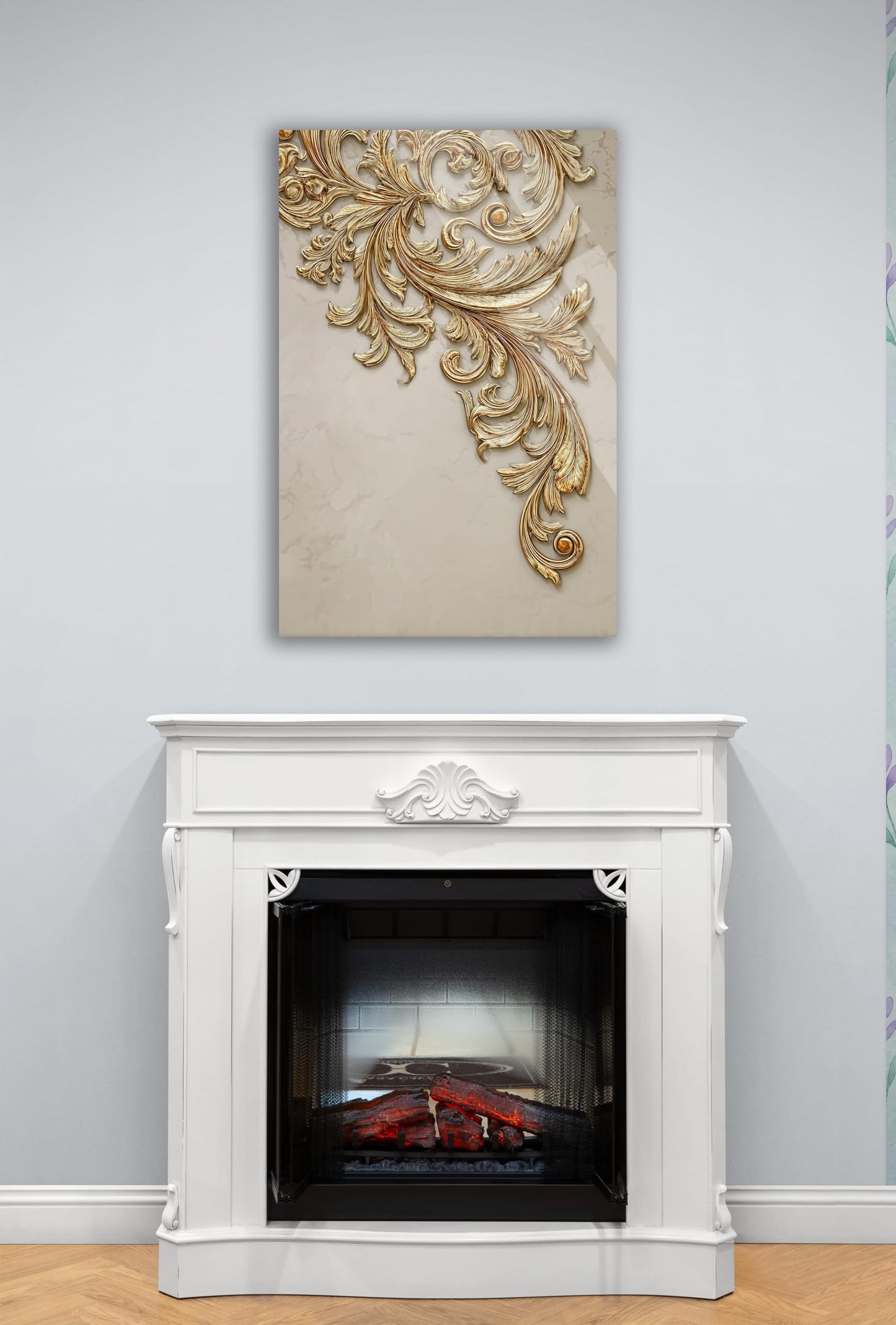 Elegant Gold Baroque Wall Art - Luxury 3D Acanthus Tempered Glass Print - Victorian Style Home Decor - Sophisticated Ornate Scrollwork Panel for Living Room, Bedroom & Office - Modern Glass Art Decor