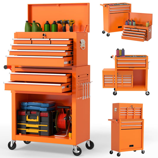 On Shine 8 Drawer Rolling Tool Chest, Large Capacity Rolling Tool Box with Wheels, Locking Mechanical Tool Chest, Portable Tool Box with Sliding Drawers,Metal Tool Box for Garage Workshop (Orange)