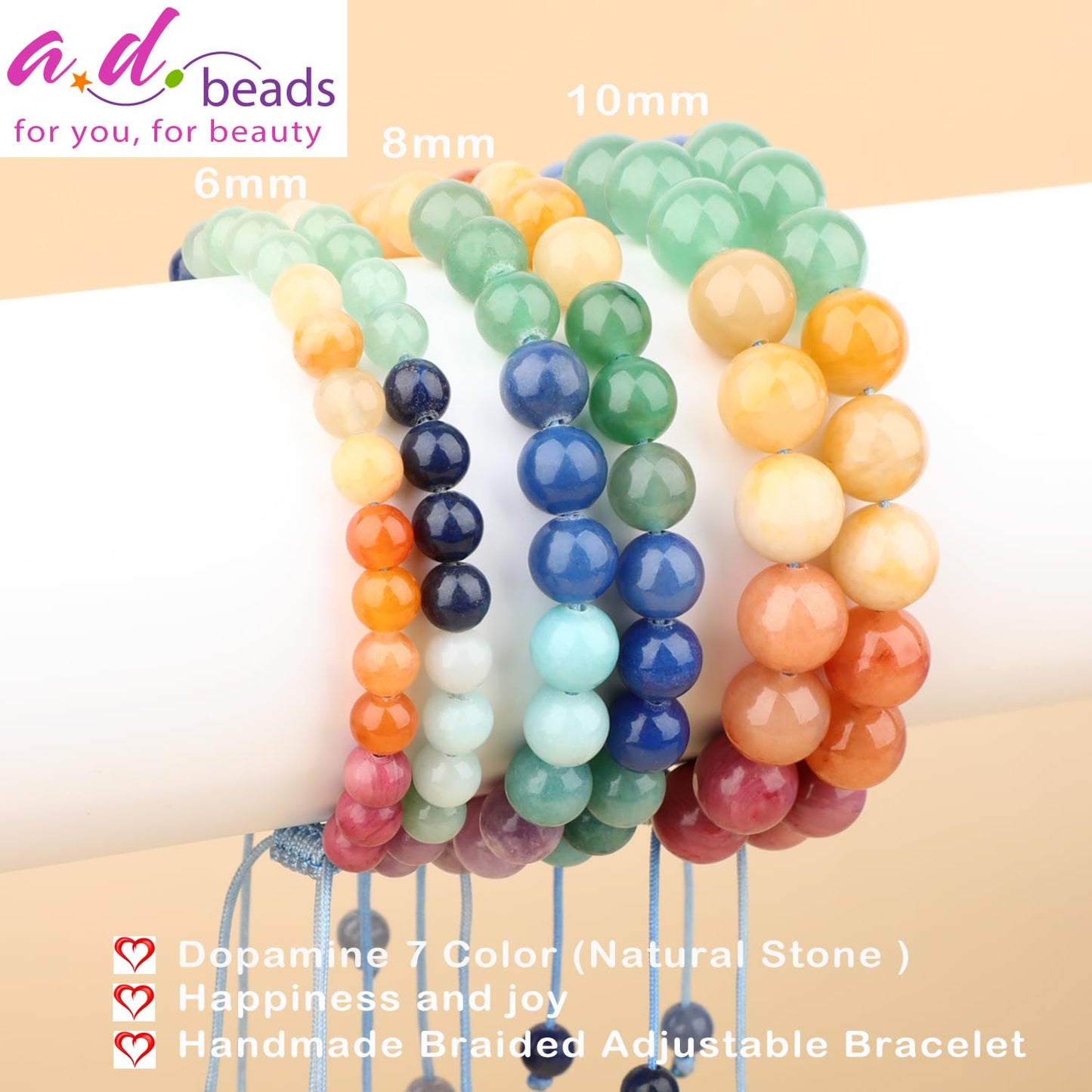 AD Beads 6mm Dopamine 7 Color - Happiness and Joy - Handmade Natural Stone Crystal Bracelet with Adjustable Macrame String - Yoga Healing Power Energy Gifts for Men and Women