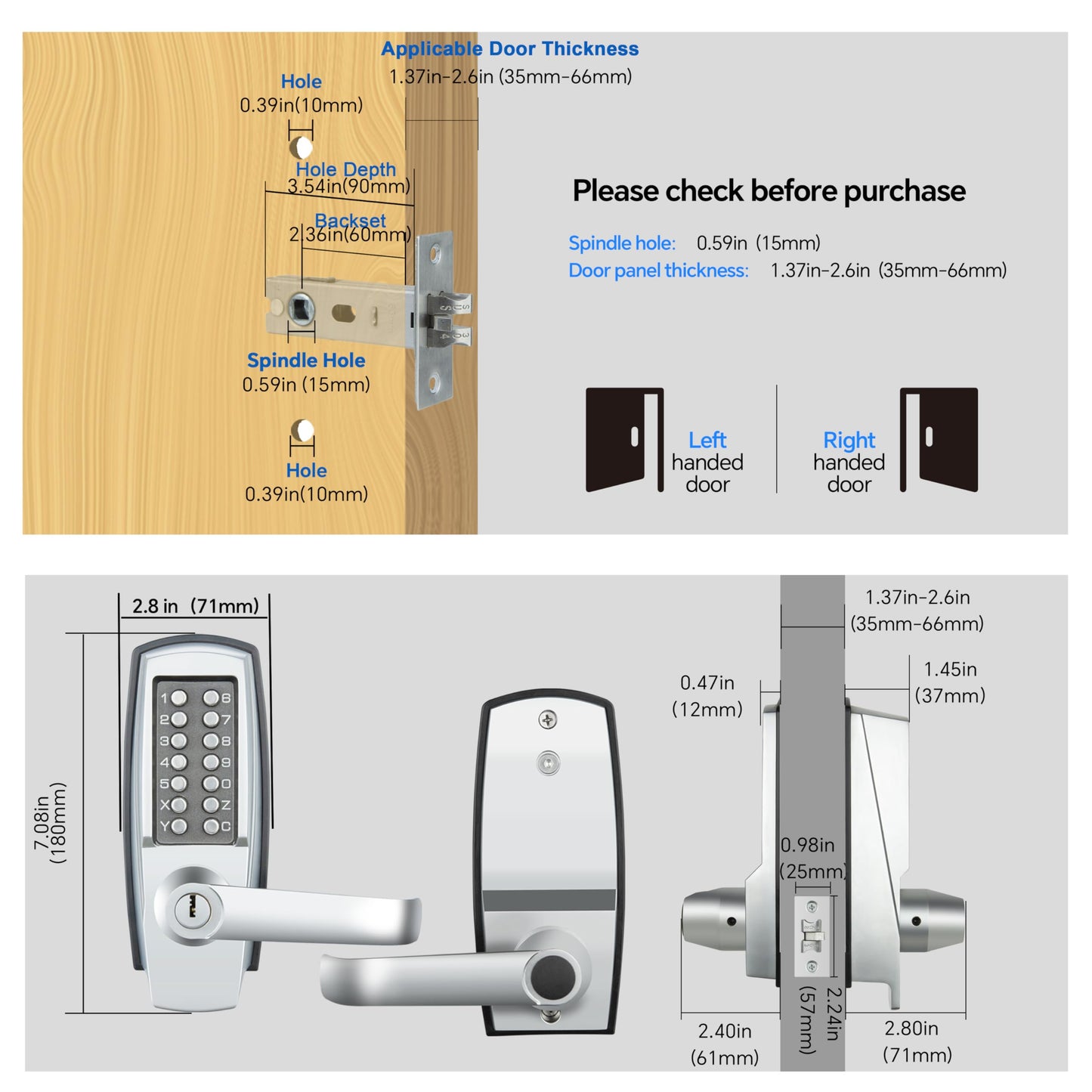 Mechanical Entry Door Lock, 14 Digital keypad,Weatherproof deadbolt with Handle, Security Heavy Duty Outdoor Lock Without Electronic, Easy Installation, for Home, Yard-gate, Office, Chrome